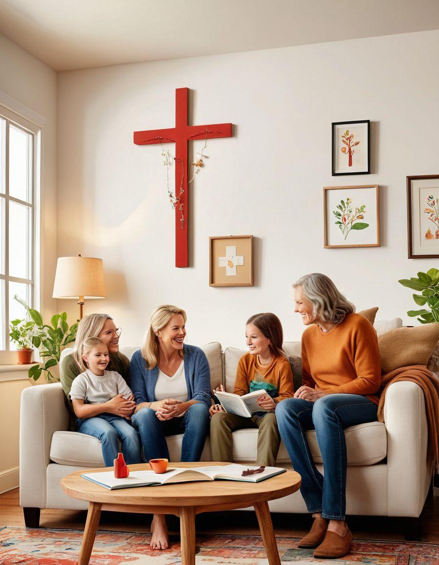 A warm, inviting family scene in a cozy living room; parents and children are smiling, spending quality time together. Various symbols of support like a helping hand, a healthcare cross, and education materials are subtly incorporated around the room. The atmosphere should radiate harmony, love, and wellness. super-realistic. vibrant colors. white background.